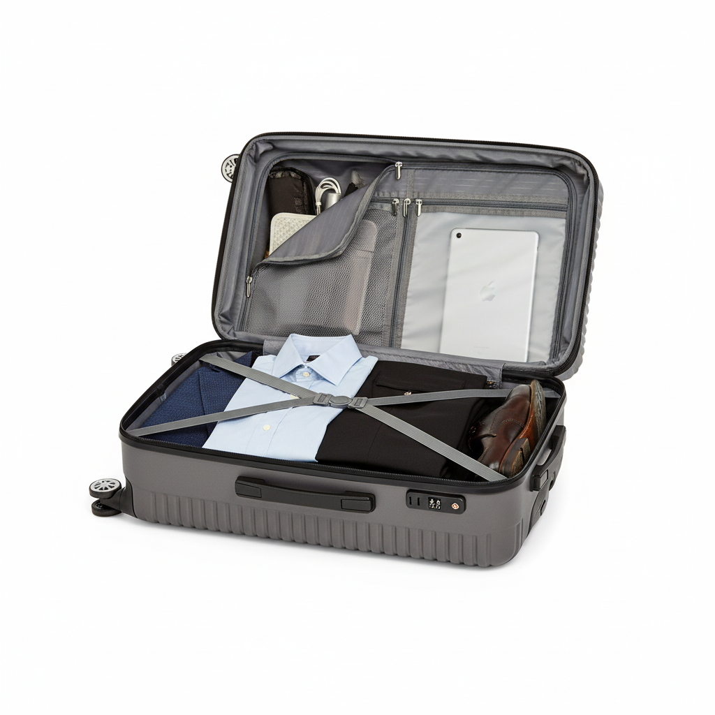 Business Grey Suitcase - Open with Clothing and iPad