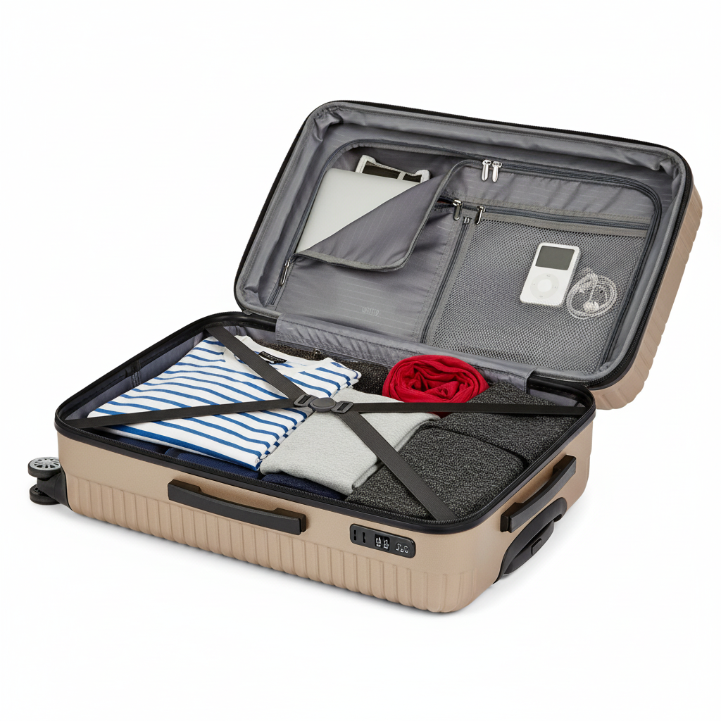 Champagne Gold Suitcase - Open with Laptop and iPod