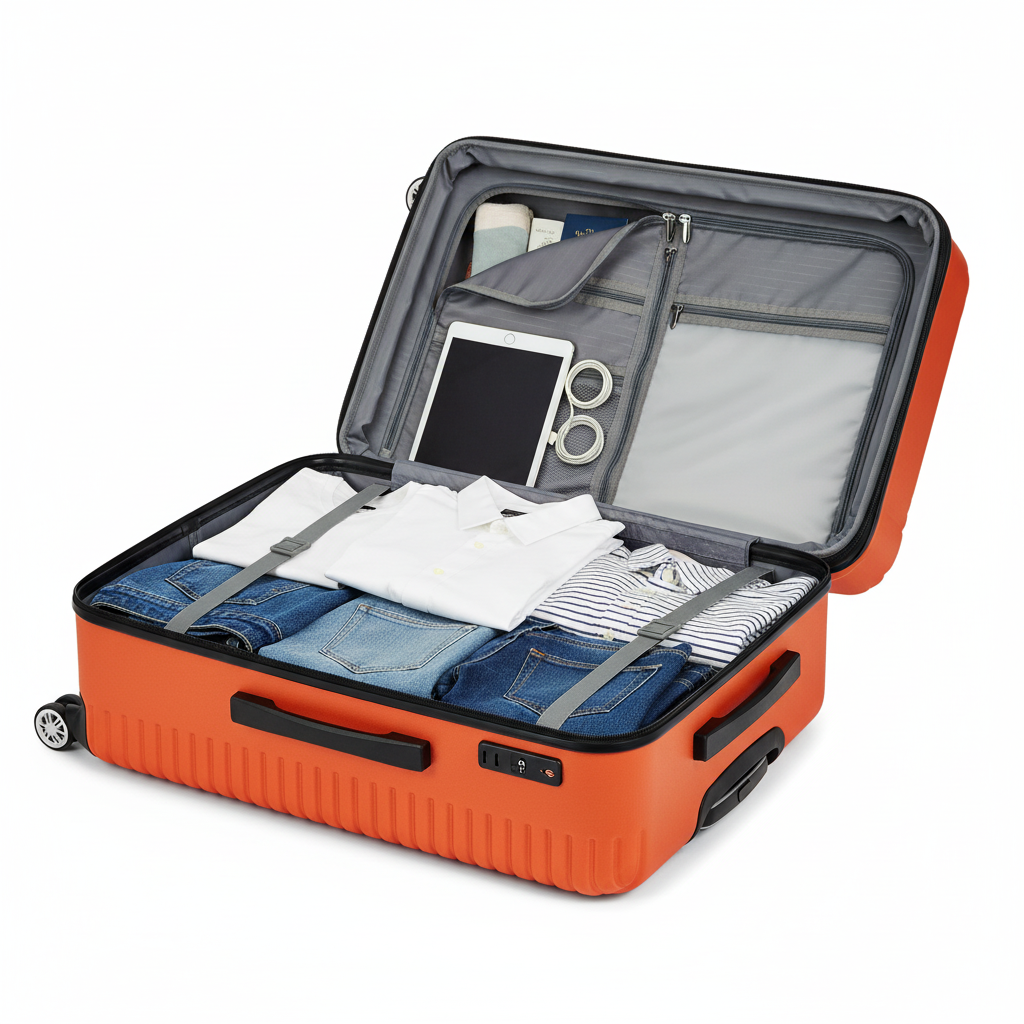 Orange Blossom Suitcase - Open with Clothing and iPad