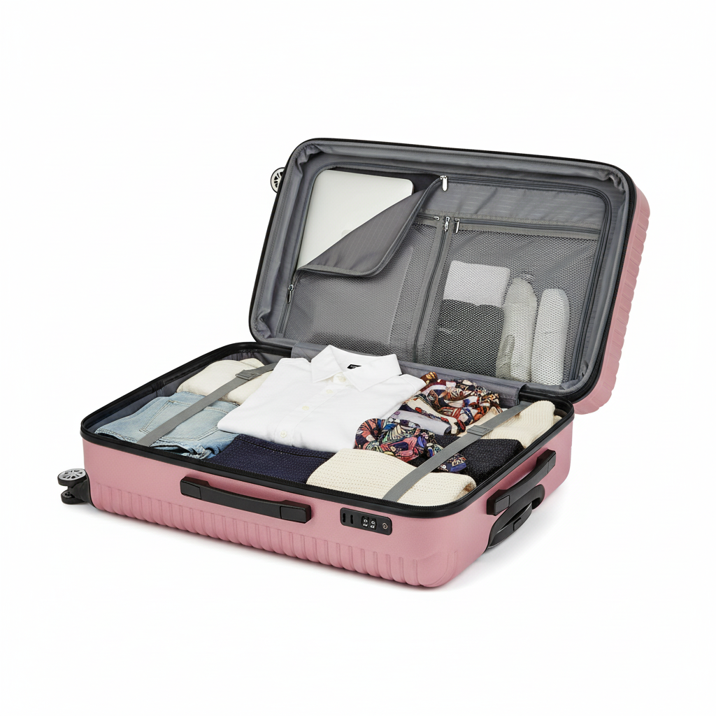 Rose Pink Suitcase - Open with Clothing and Laptop